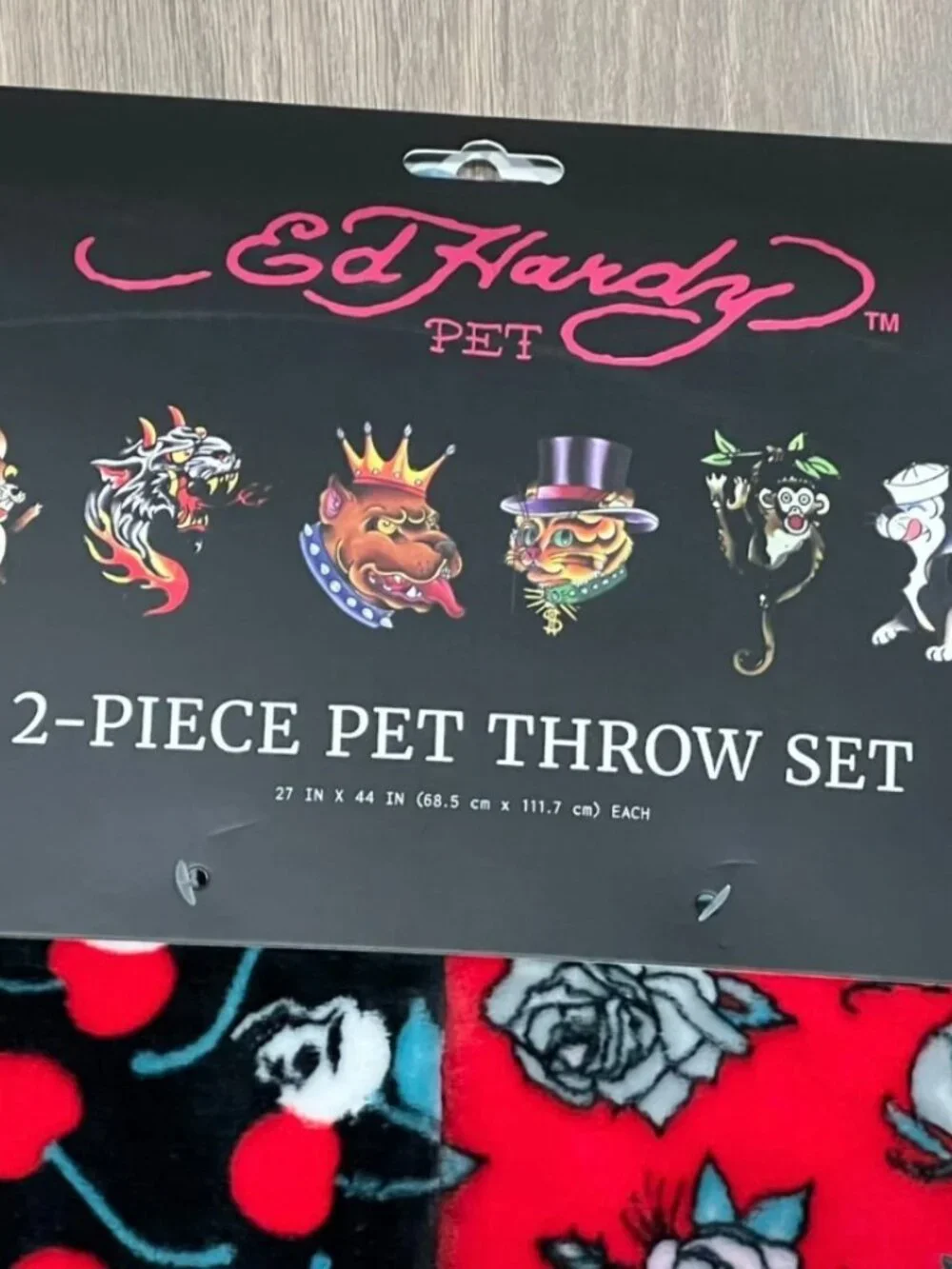 ED HARDY Pet Throw Blanket Set 27x44 Black Red Cherries Skulls Roses Y2K Dog NWT